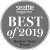 The image shows a "Seattle Magazine Best of 2019 Readers' Choice Winner" badge in gray.