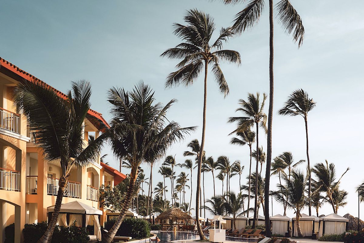 A tropical resort scene with palm trees, a pool, lounge chairs, and a building, under a clear sky.