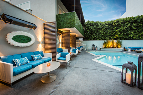The luxurious pool and lounge area at the Mosaic hotel located near the Maison hotel in Beverly Hills